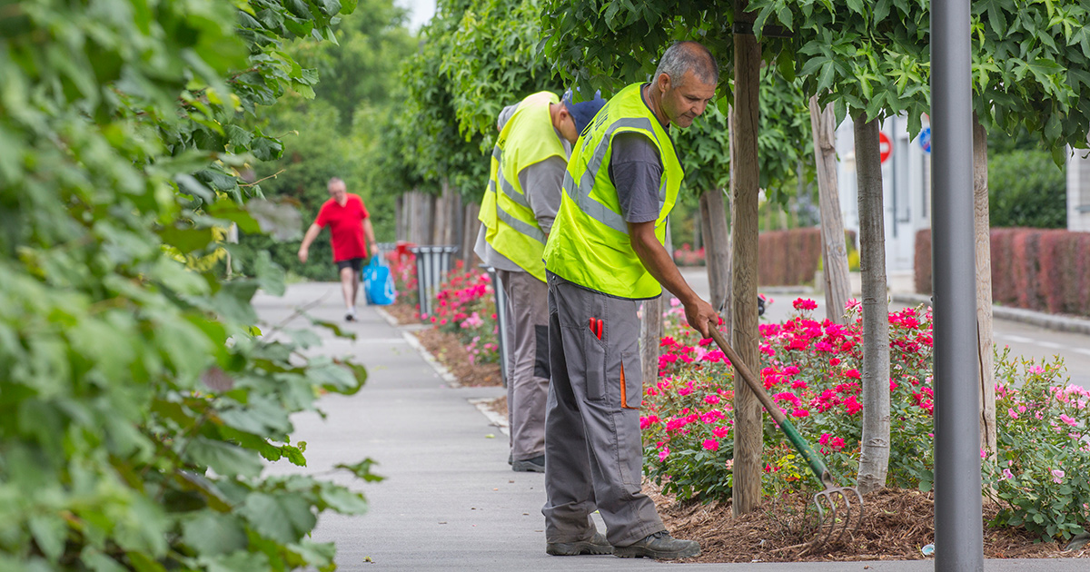 Entretien des espaces verts à Huningue, ville labellisée 4 fleurs Villes et Villages Fleuris de France